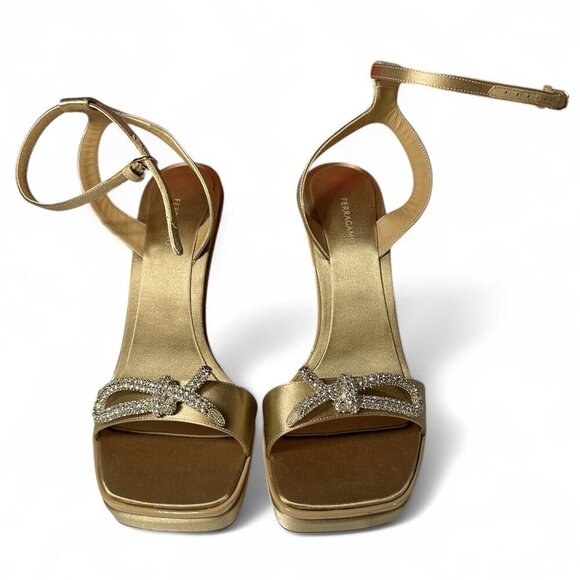 Salvatore Ferragamo Allison Crystal Knot High Heel Sandal, Light Camel, Sz 8 NIB - Picture 2 of 10